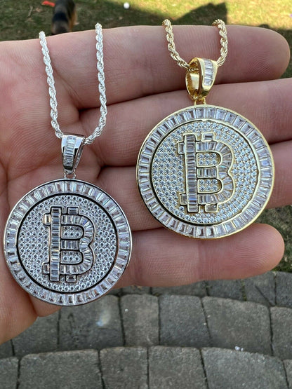 HarlemBling Solid 925 Silver / 14K Gold Bling Out Iced BITCOIN Big Hip Hop Pendant Necklace