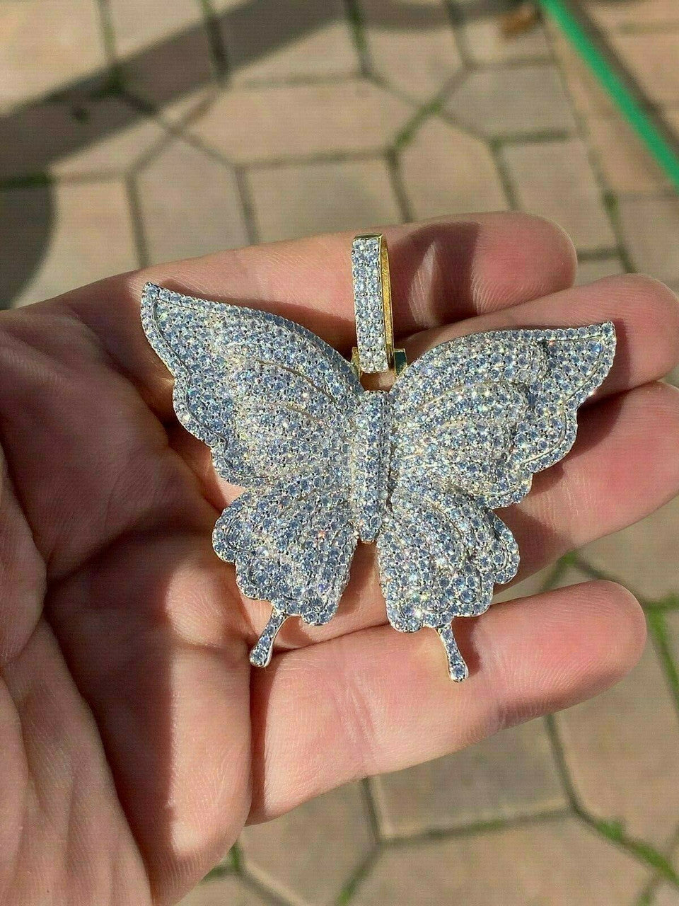 HarlemBling Solid 925 Silver 14k Gold Finish HUGE Iced 2.5 Butterly HipHop Pendant Necklace