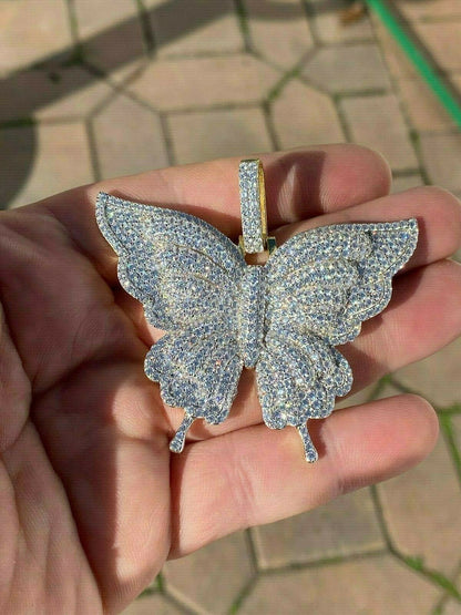HarlemBling Solid 925 Silver 14k Gold Finish HUGE Iced 2.5 Butterly HipHop Pendant Necklace