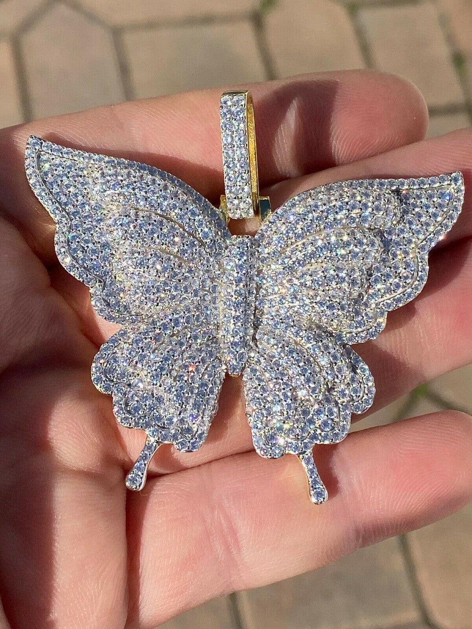 HarlemBling Solid 925 Silver 14k Gold Finish HUGE Iced 2.5 Butterly HipHop Pendant Necklace