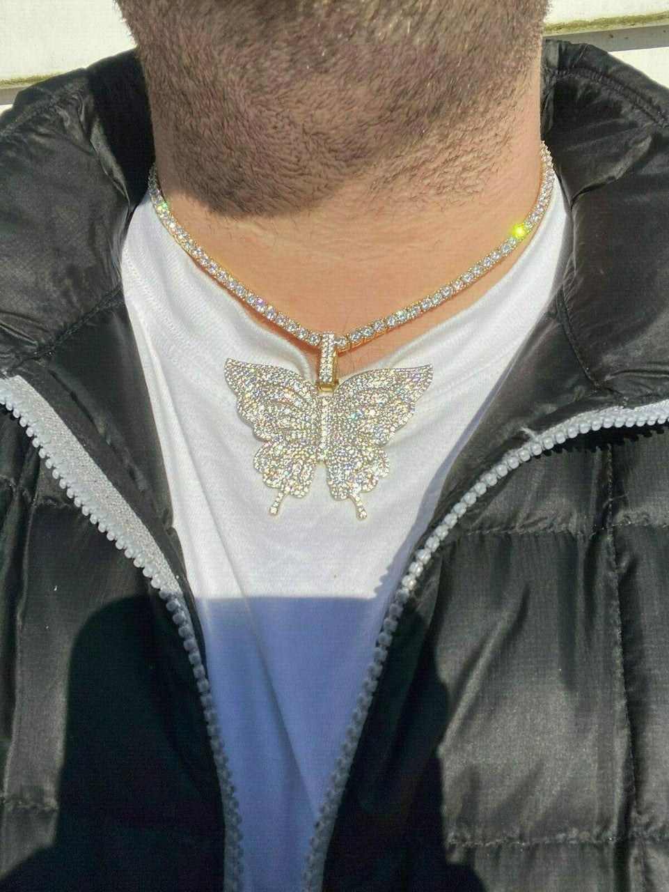 HarlemBling Solid 925 Silver 14k Gold Finish HUGE Iced 2.5 Butterly HipHop Pendant Necklace