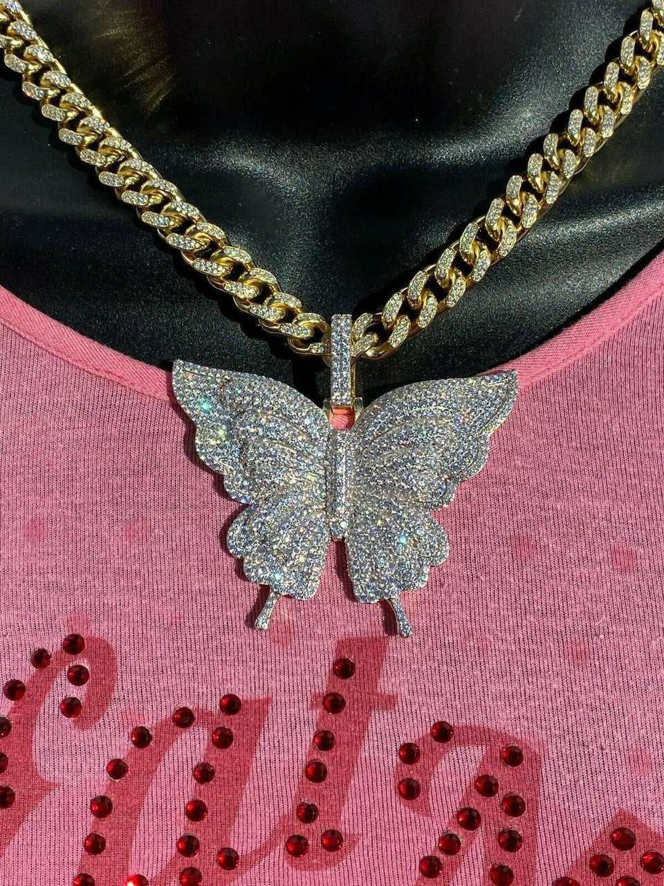 HarlemBling Solid 925 Silver 14k Gold Finish HUGE Iced 2.5 Butterly HipHop Pendant Necklace