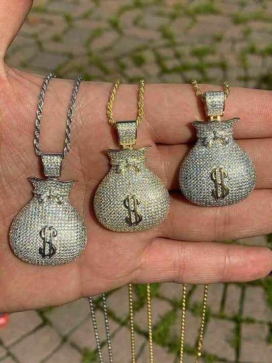 HarlemBling Solid 925 Silver 14k Gold Plated Money Bag Iced Dollar Sign Hip Hop Necklace