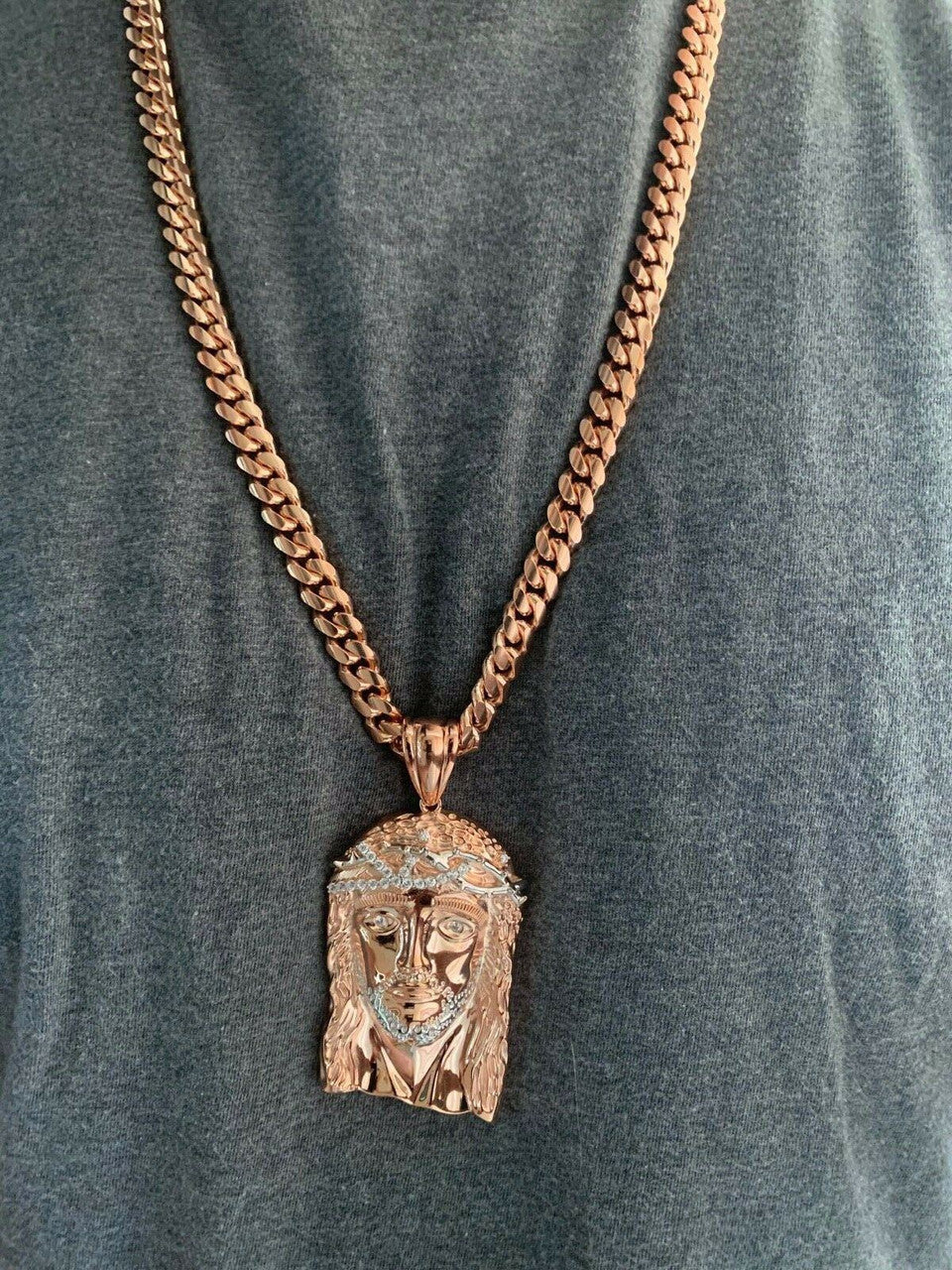 HarlemBling Solid 925 Silver 14k Rose Gold Finish Jesus Piece ITALY Necklace HIPHOP Real Icy