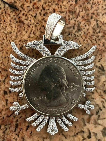 HarlemBling Solid 925 Silver Albanian Kosova Two Headed Eagle Pendant Diamond 2 Big Piece