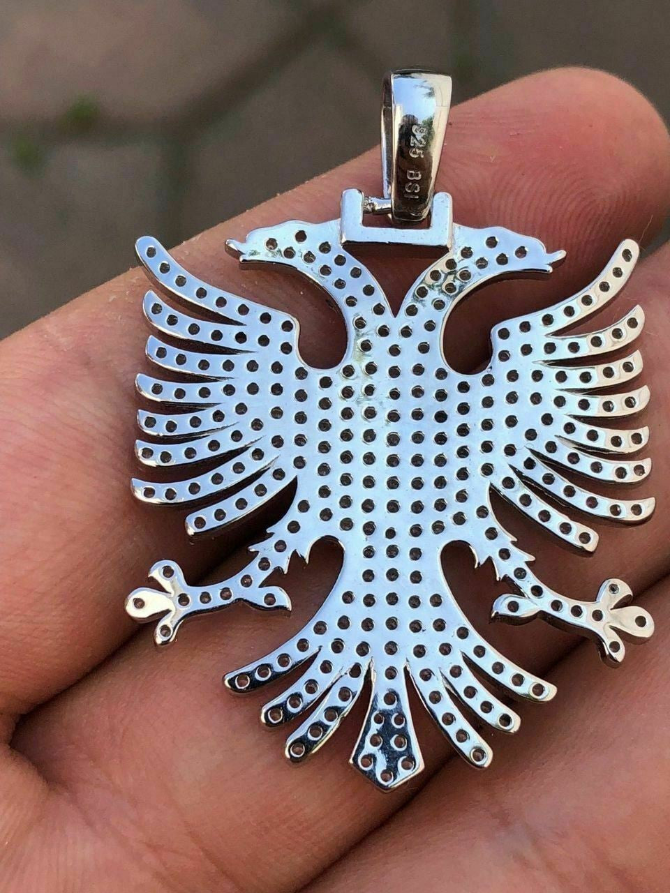 HarlemBling Solid 925 Silver Albanian Kosova Two Headed Eagle Pendant Diamond 2 Big Piece