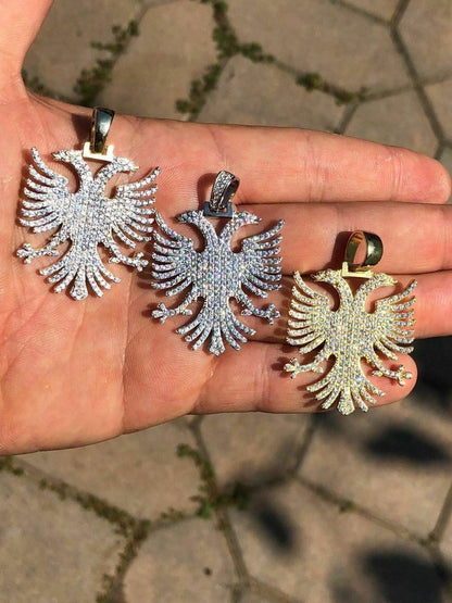 HarlemBling Solid 925 Silver Albanian Kosova Two Headed Eagle Pendant Diamond 2 Big Piece