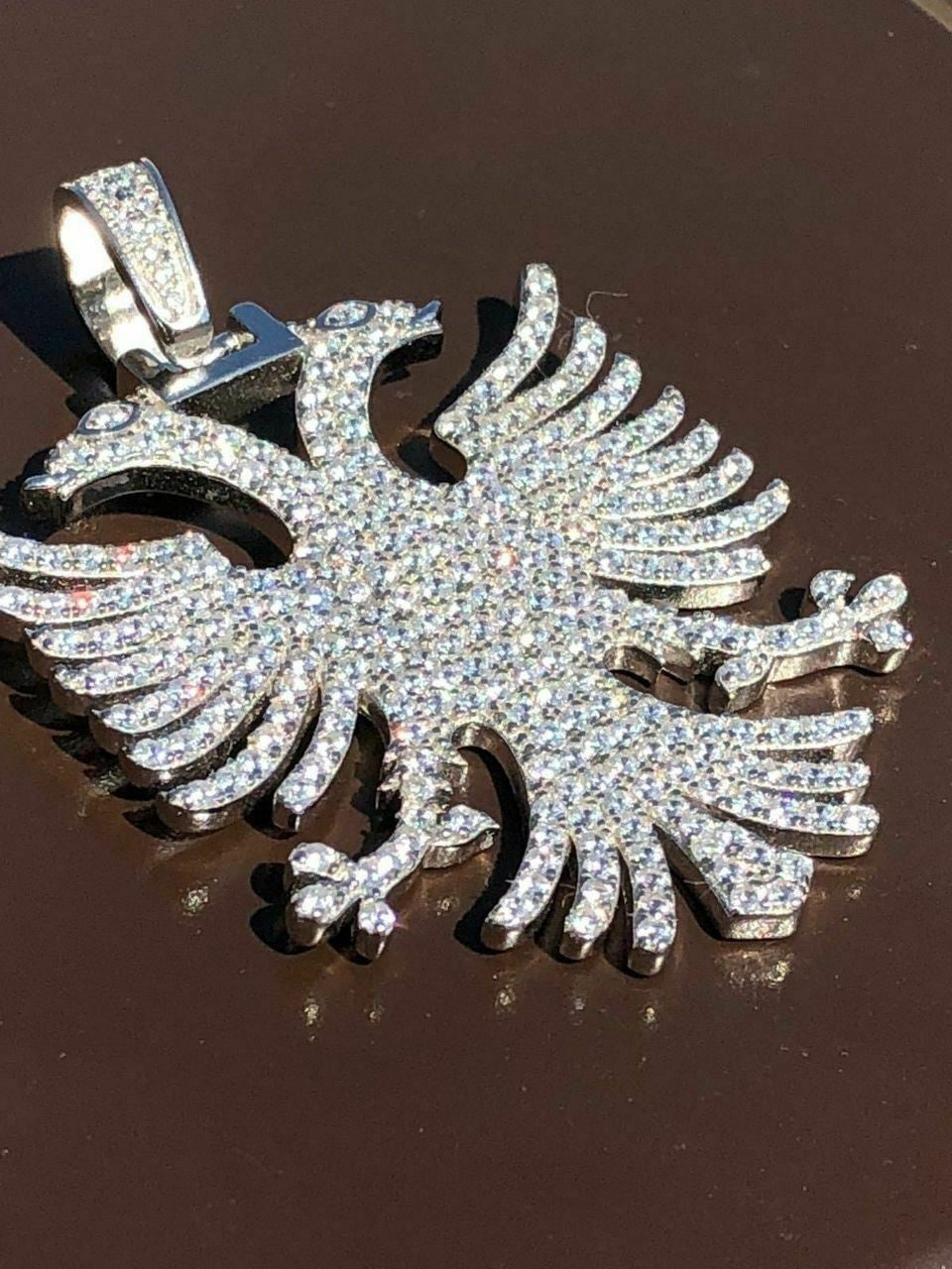 HarlemBling Solid 925 Silver Albanian Kosova Two Headed Eagle Pendant Diamond 2 Big Piece