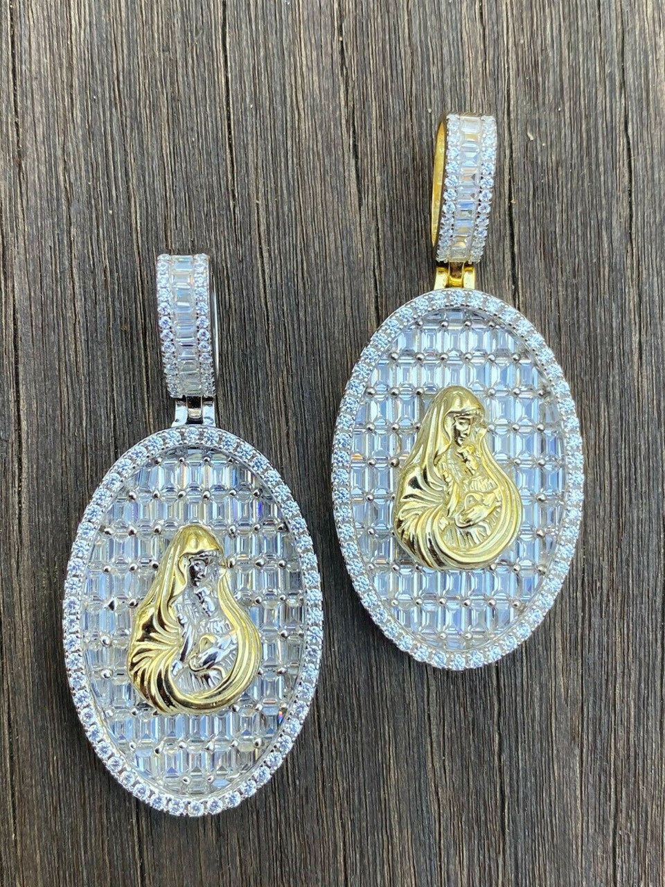 HarlemBling Solid 925 Silver and 14k Gold Virgin Mary Iced Diamond Medallion Pendant Necklace