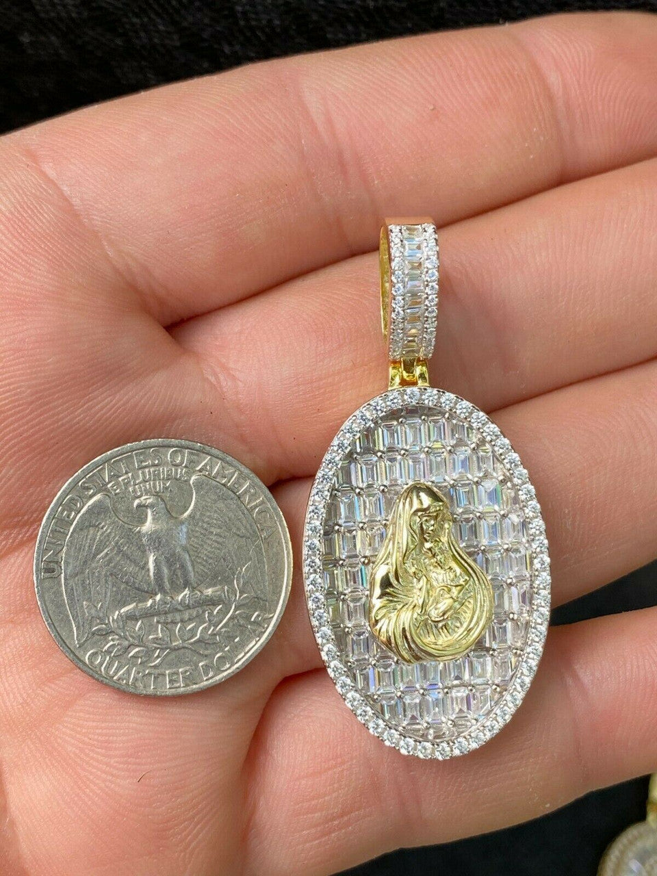 HarlemBling Solid 925 Silver and 14k Gold Virgin Mary Iced Diamond Medallion Pendant Necklace