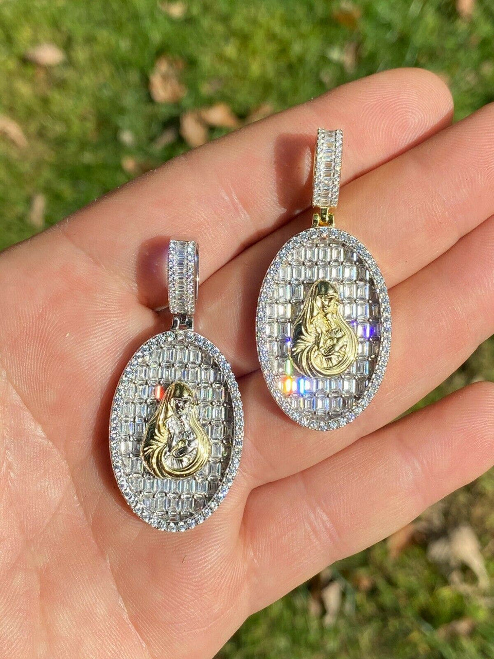 HarlemBling Solid 925 Silver and 14k Gold Virgin Mary Iced Diamond Medallion Pendant Necklace
