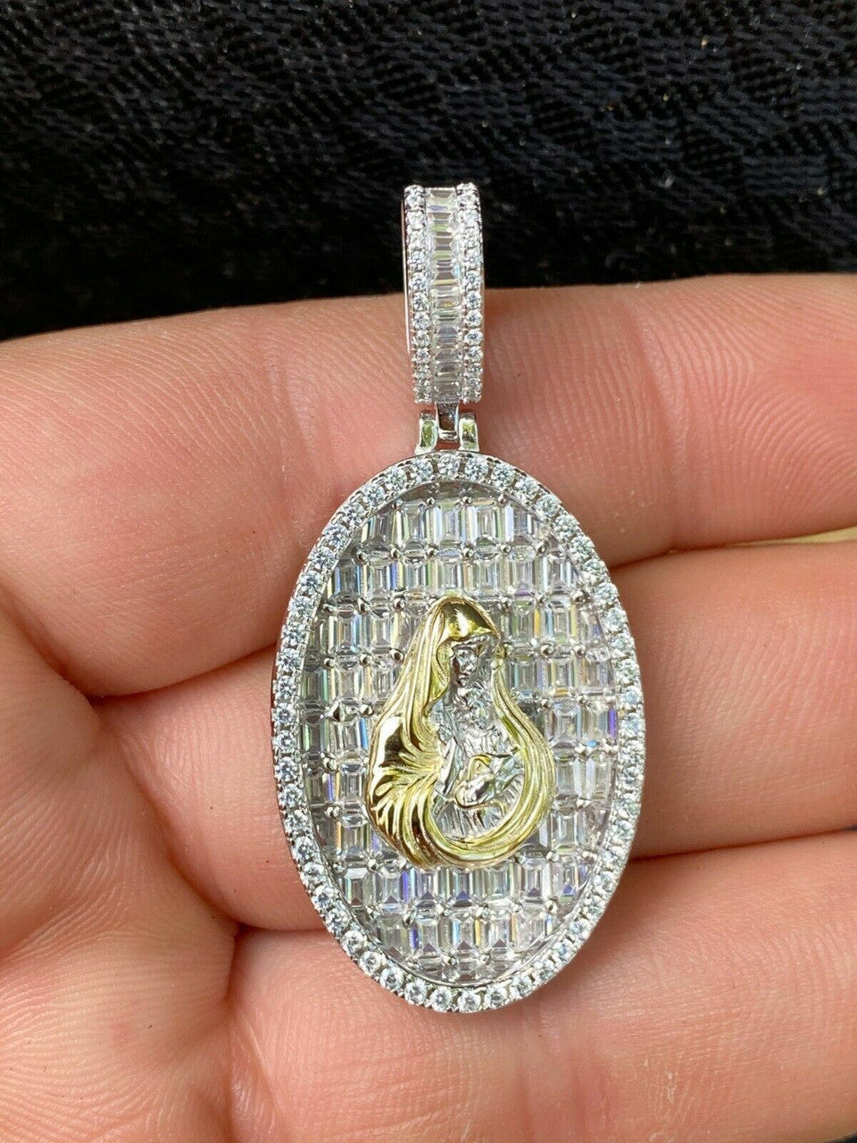 HarlemBling Solid 925 Silver and 14k Gold Virgin Mary Iced Diamond Medallion Pendant Necklace