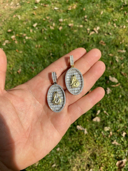 HarlemBling Solid 925 Silver and 14k Gold Virgin Mary Iced Diamond Medallion Pendant Necklace