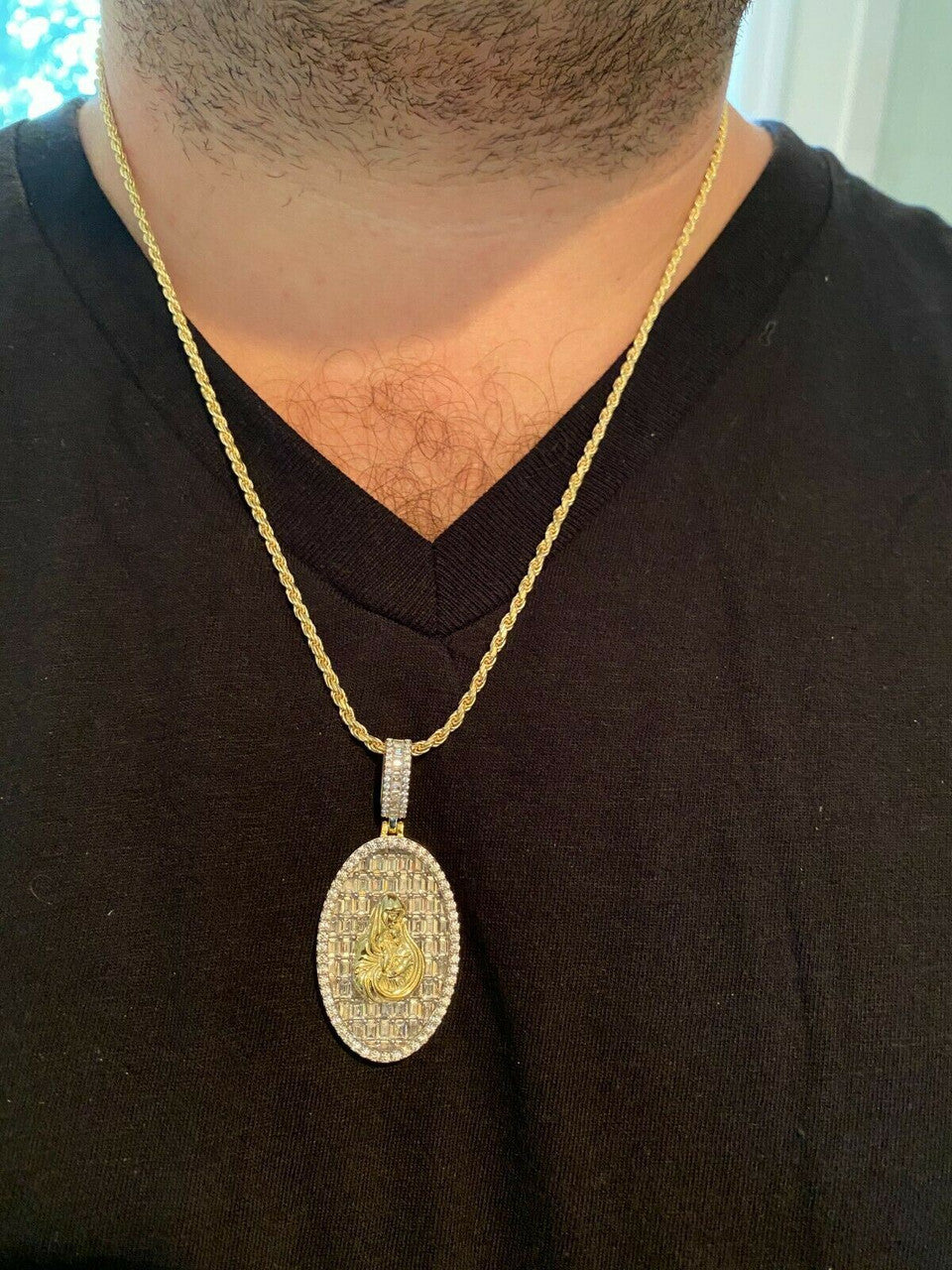 HarlemBling Solid 925 Silver and 14k Gold Virgin Mary Iced Diamond Medallion Pendant Necklace