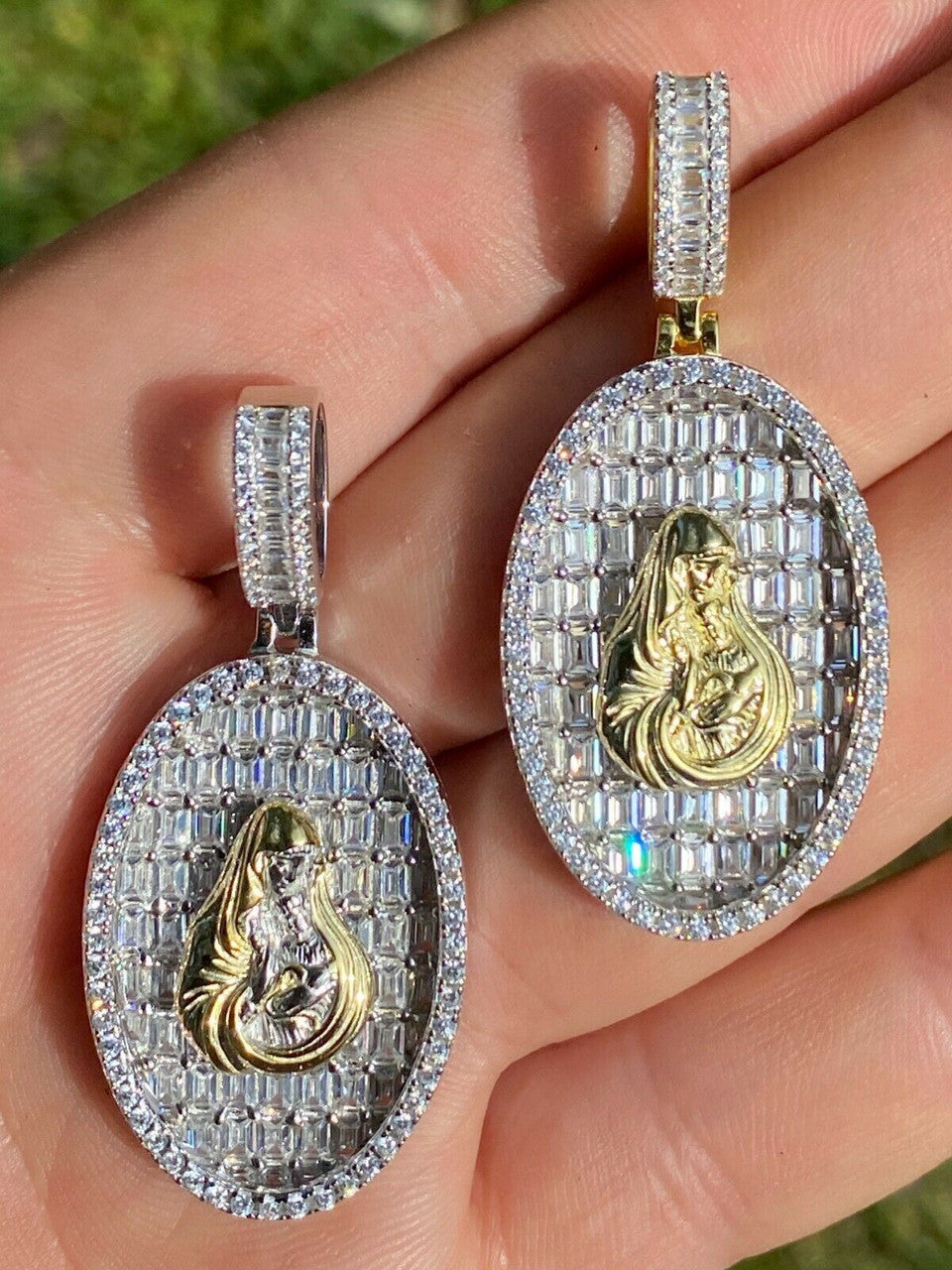 HarlemBling Solid 925 Silver and 14k Gold Virgin Mary Iced Diamond Medallion Pendant Necklace