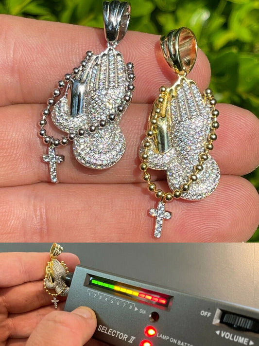 HarlemBling Solid 925 Silver and Gold Praying Hands W Cross Pendant Necklace ICED Moissanite