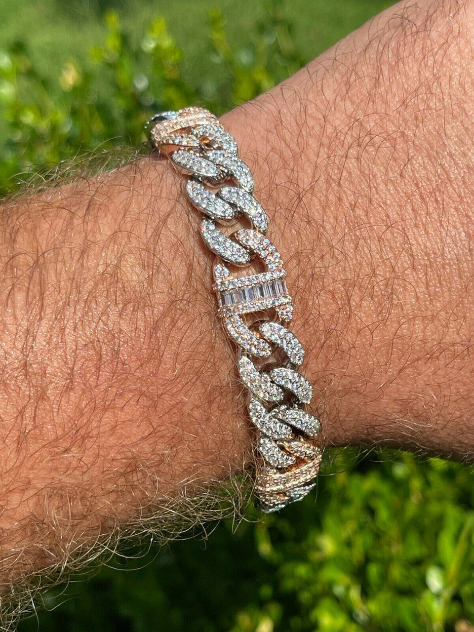 HarlemBling Solid 925 Silver and Rose Gold Men Cuban Iced Gucci Link Bracelet Baguette Diamond