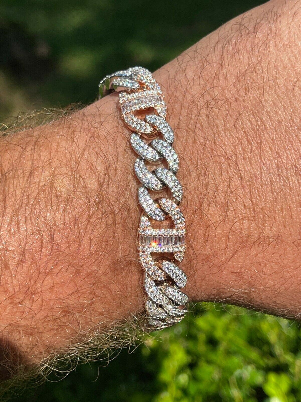 HarlemBling Solid 925 Silver and Rose Gold Men Cuban Iced Gucci Link Bracelet Baguette Diamond