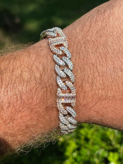 HarlemBling Solid 925 Silver and Rose Gold Men Cuban Iced Gucci Link Bracelet Baguette Diamond