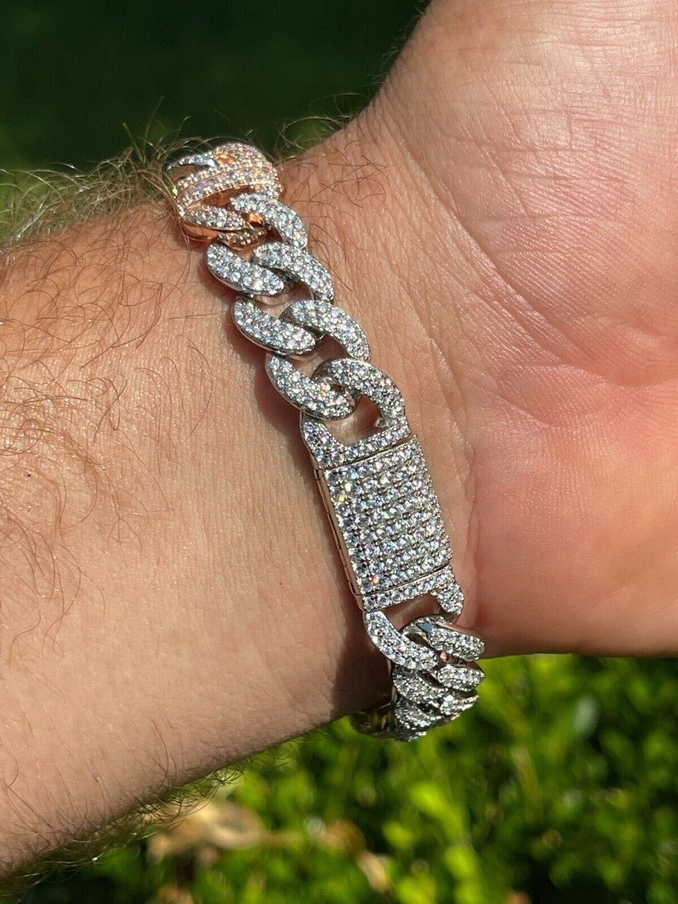 Solid 925 Silver & Rose Gold Men Cuban Iced Gucci Link Bracelet