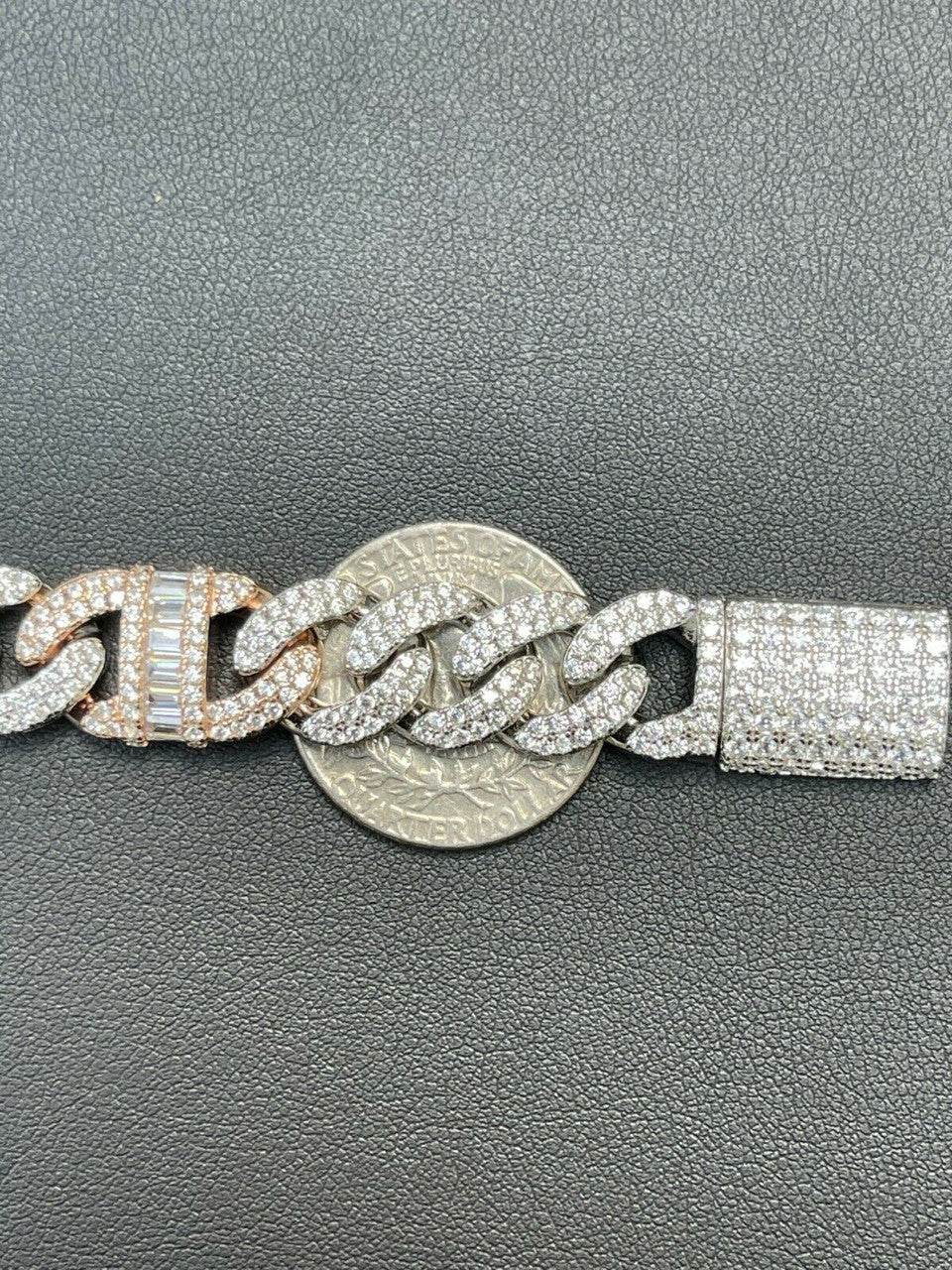 HarlemBling Solid 925 Silver and Rose Gold Men Cuban Iced Gucci Link Bracelet Baguette Diamond