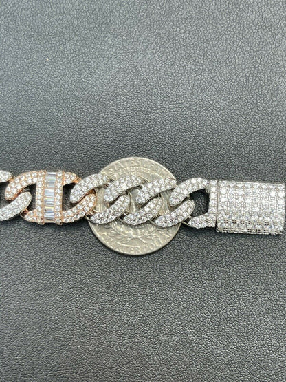 HarlemBling Solid 925 Silver and Rose Gold Men Cuban Iced Gucci Link Bracelet Baguette Diamond