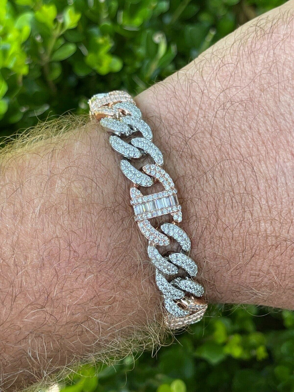 HarlemBling Solid 925 Silver and Rose Gold Men Cuban Iced Gucci Link Bracelet Baguette Diamond