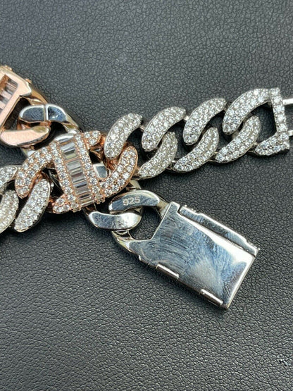 HarlemBling Solid 925 Silver and Rose Gold Men Cuban Iced Gucci Link Bracelet Baguette Diamond
