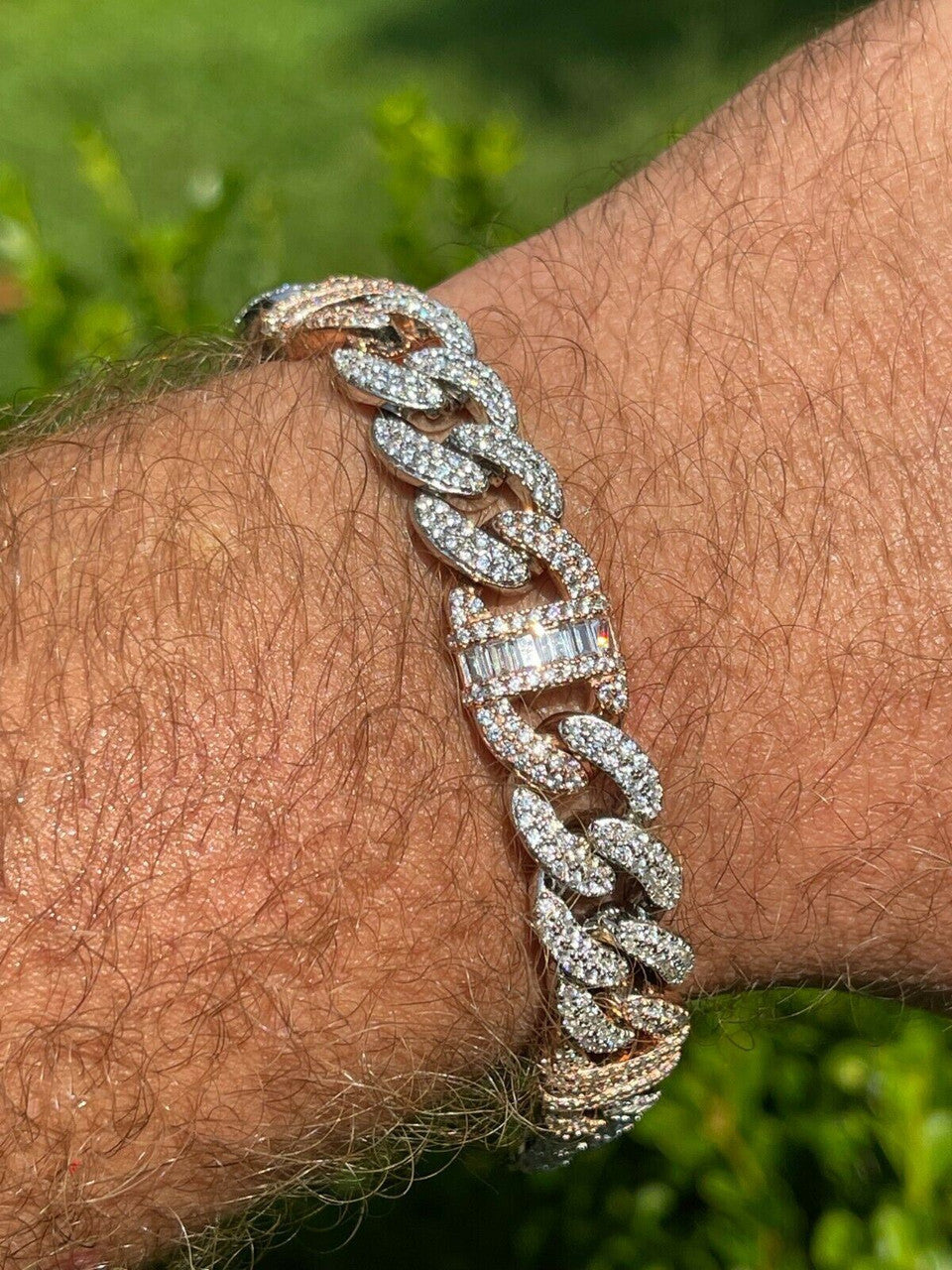 Solid 925 Silver & Rose Gold Men Cuban Iced Gucci Link Bracelet