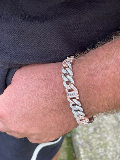 HarlemBling Solid 925 Silver and Rose Gold Men Cuban Iced Gucci Link Bracelet Baguette Diamond
