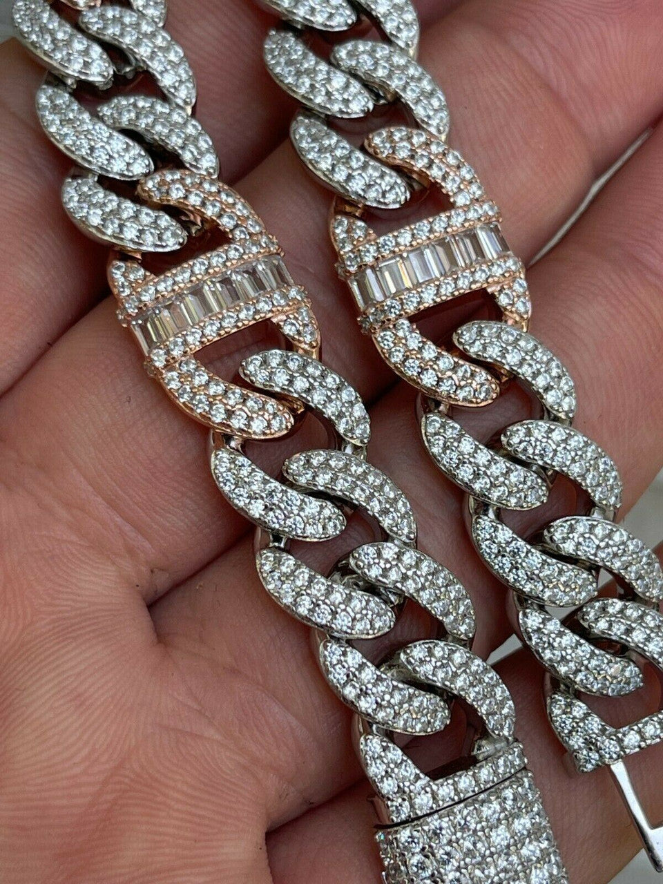 HarlemBling Solid 925 Silver and Rose Gold Men Cuban Iced Gucci Link Bracelet Baguette Diamond