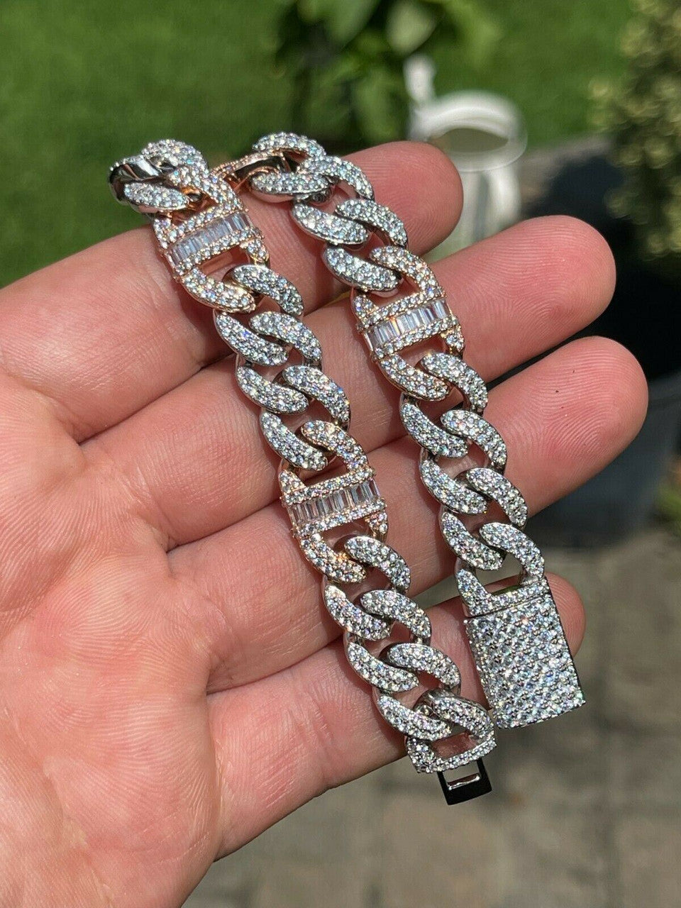 Solid 925 Silver & Rose Gold Men Cuban Iced Gucci Link Bracelet