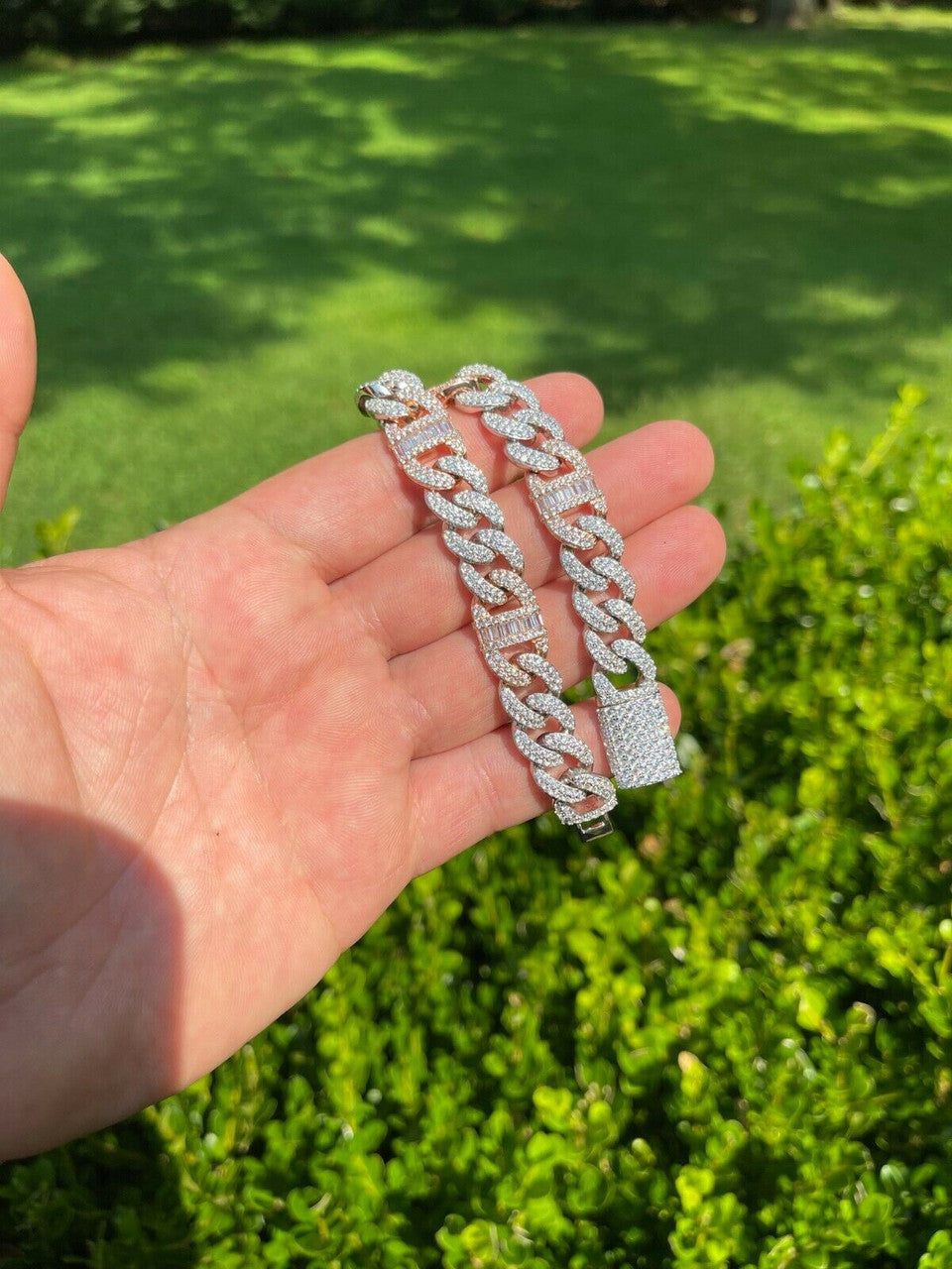 HarlemBling Solid 925 Silver and Rose Gold Men Cuban Iced Gucci Link Bracelet Baguette Diamond