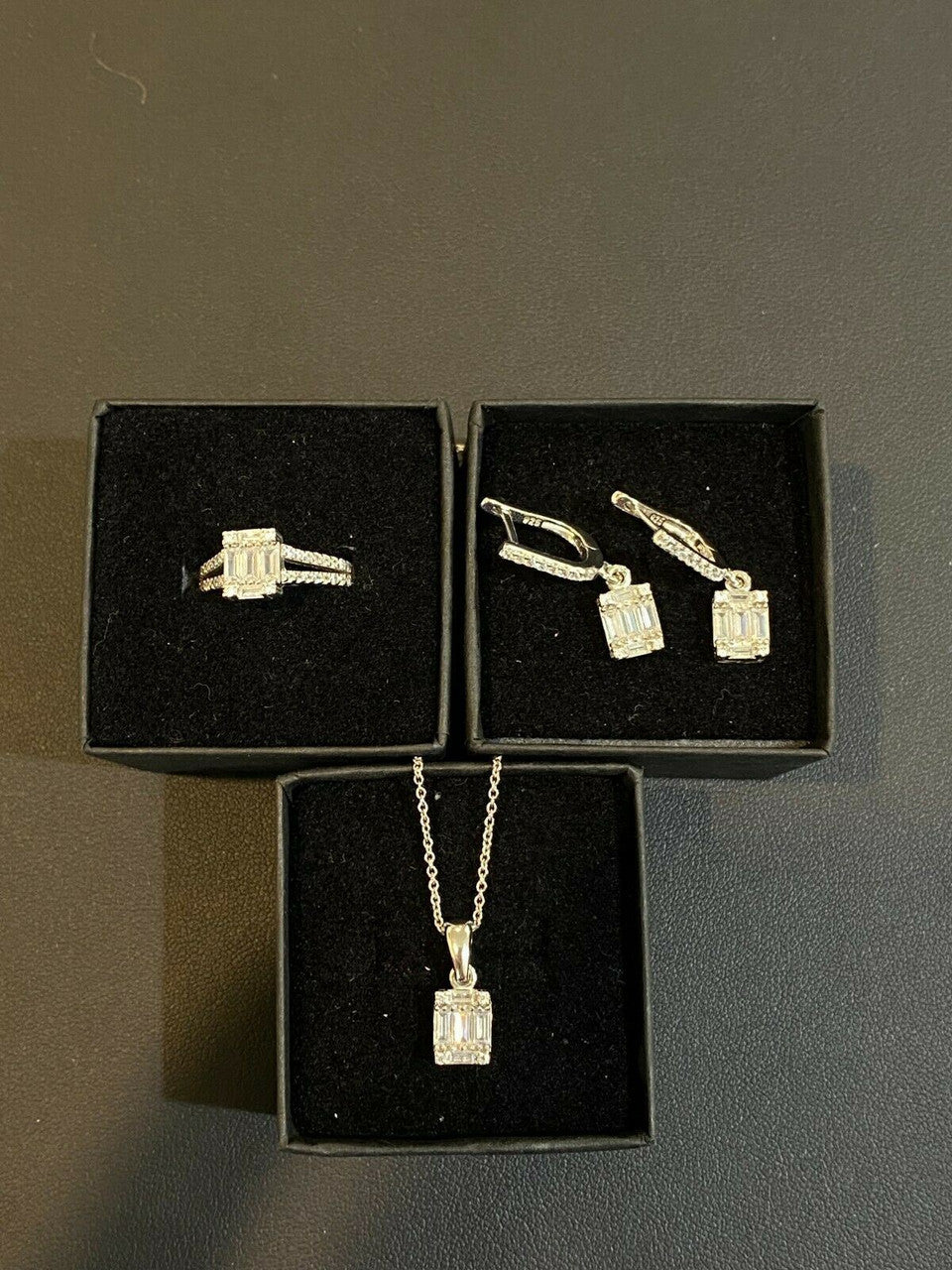 HarlemBling Solid 925 Silver Baguette Diamond Ring Pendant Necklace and Earrings Jewelry Set