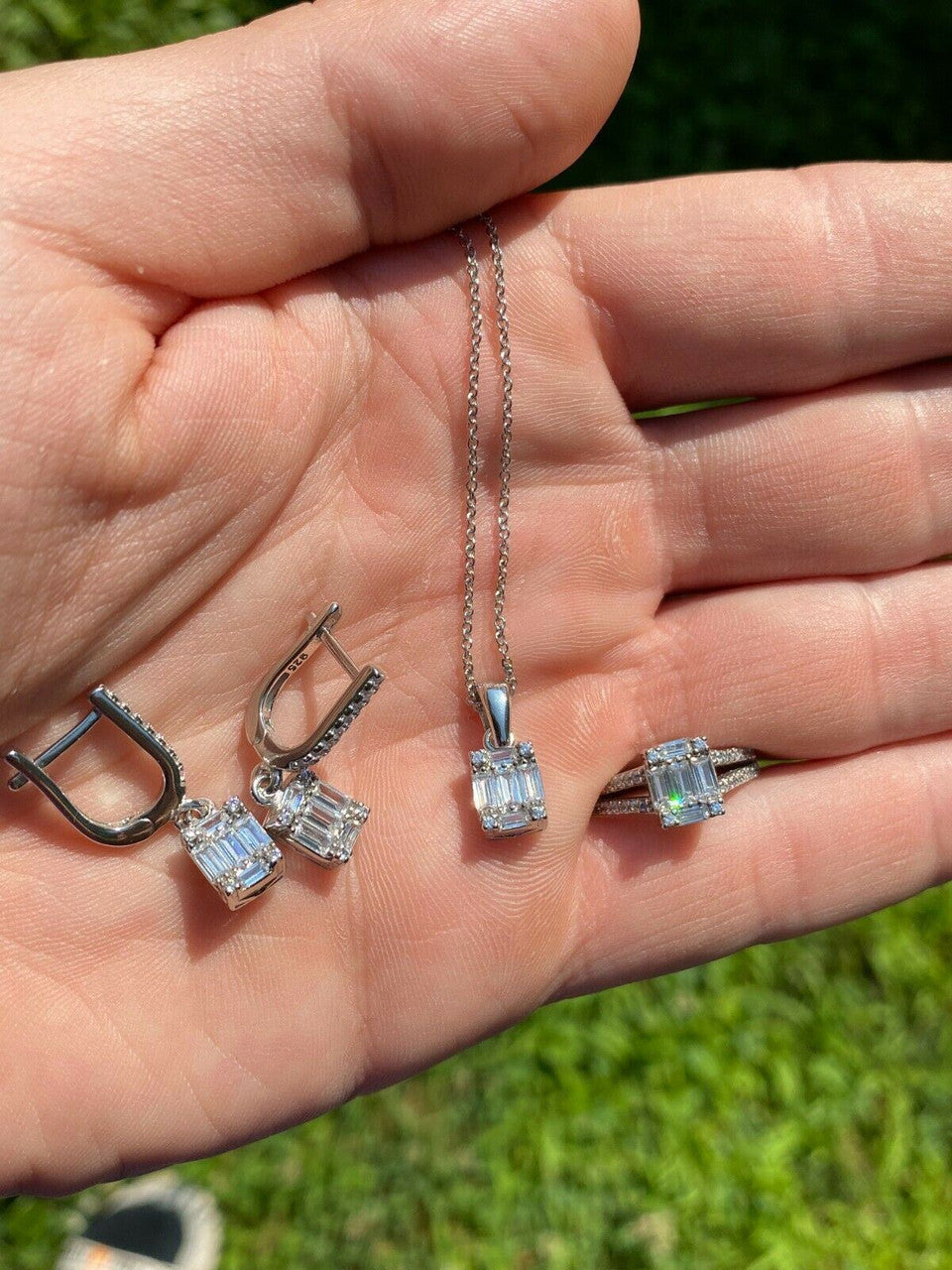 HarlemBling Solid 925 Silver Baguette Diamond Ring Pendant Necklace and Earrings Jewelry Set