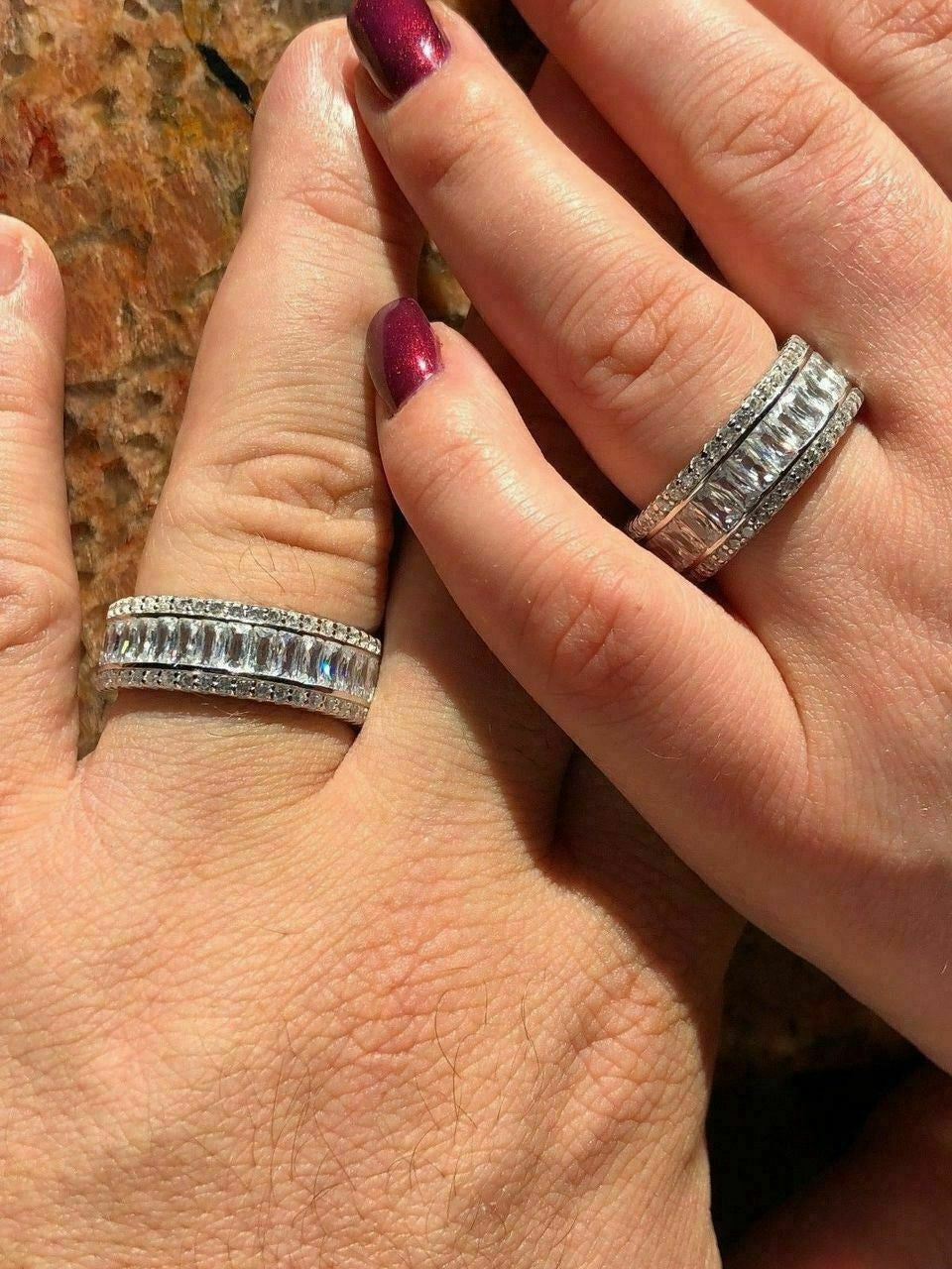 HarlemBling Solid 925 Silver Baguette Diamond Tennis Wedding Band Ring His Hers Gold ICY