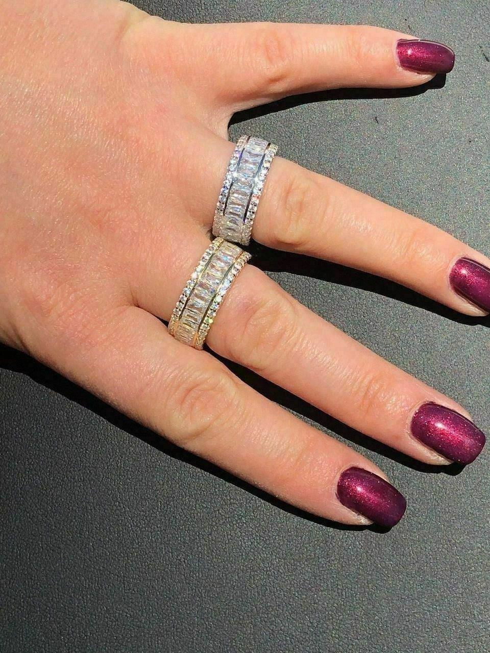 HarlemBling Solid 925 Silver Baguette Diamond Tennis Wedding Band Ring His Hers Gold ICY