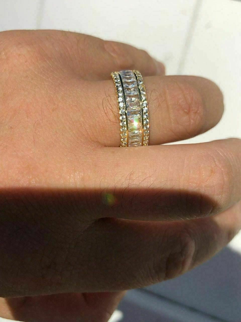 HarlemBling Solid 925 Silver Baguette Diamond Tennis Wedding Band Ring His Hers Gold ICY