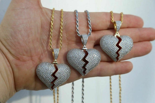 HarlemBling Solid 925 Silver Broken Heart Diamond Necklace Hop Hop Iced Heartbroken Pendant