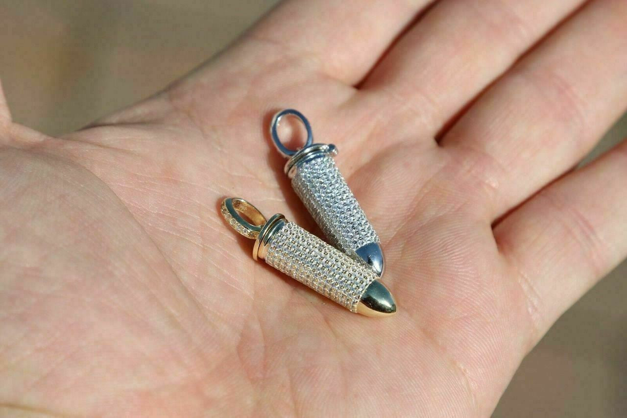 HarlemBling Solid 925 Silver Bullet Iced Stash Pendant W Rope Chain Mens HIP-HOP Necklace