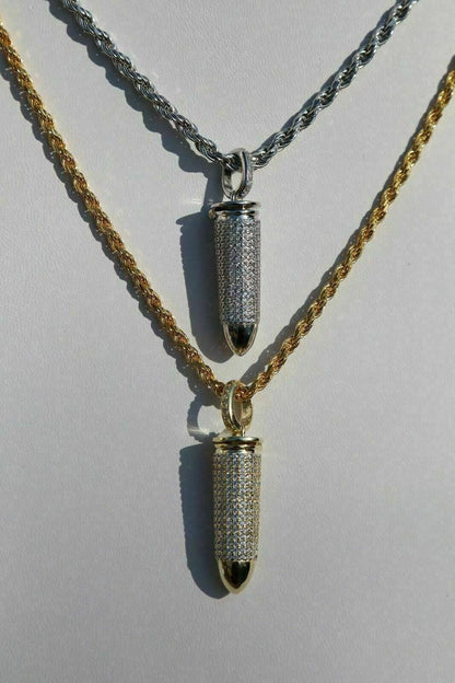 HarlemBling Solid 925 Silver Bullet Iced Stash Pendant W Rope Chain Mens HIP-HOP Necklace