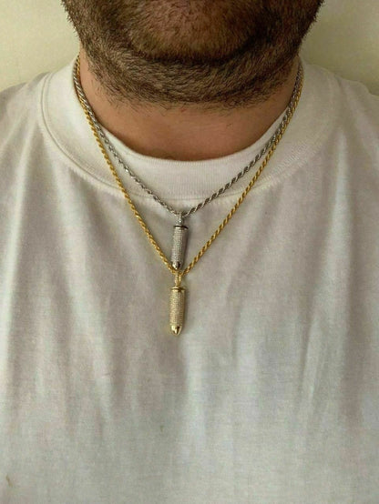 HarlemBling Solid 925 Silver Bullet Iced Stash Pendant W Rope Chain Mens HIP-HOP Necklace