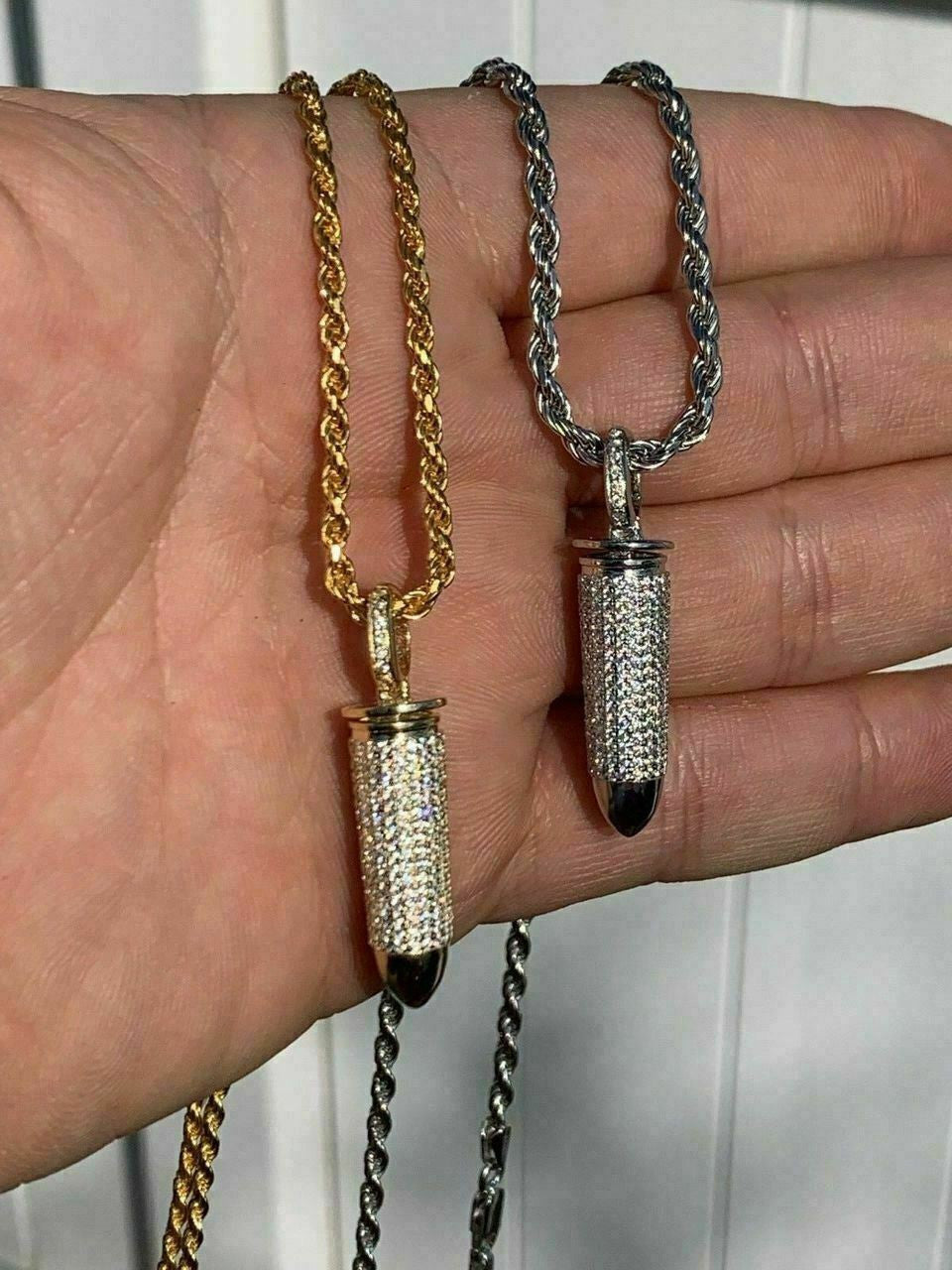 Solid 925 Silver Bullet Iced Stash Pendant W. Rope Chain Mens HIP