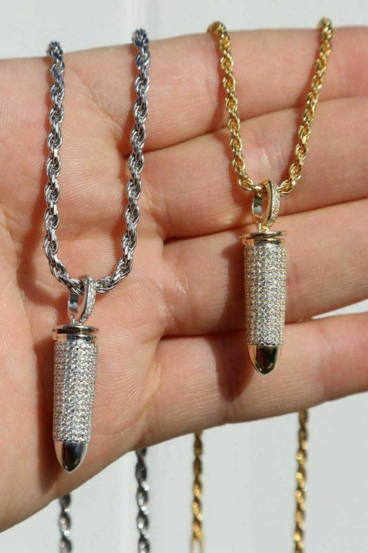 HarlemBling Solid 925 Silver Bullet Iced Stash Pendant W Rope Chain Mens HIP-HOP Necklace