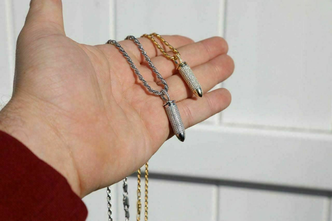 HarlemBling Solid 925 Silver Bullet Iced Stash Pendant W Rope Chain Mens HIP-HOP Necklace