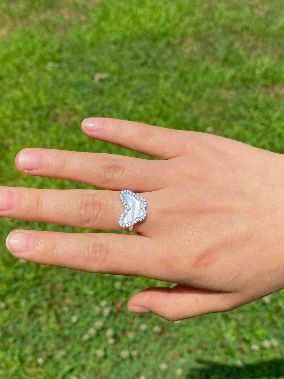 HarlemBling Solid 925 Silver Butterfly Mother Of Pearl Ring Necklace and Earrings Ladies Set