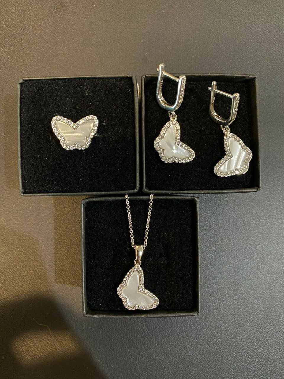 HarlemBling Solid 925 Silver Butterfly Mother Of Pearl Ring Necklace and Earrings Ladies Set