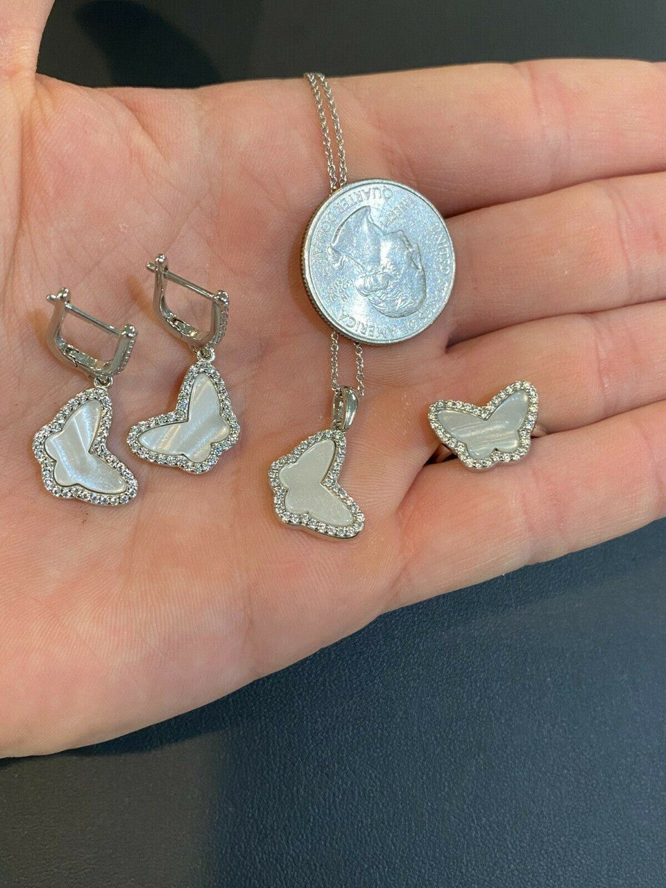HarlemBling Solid 925 Silver Butterfly Mother Of Pearl Ring Necklace and Earrings Ladies Set