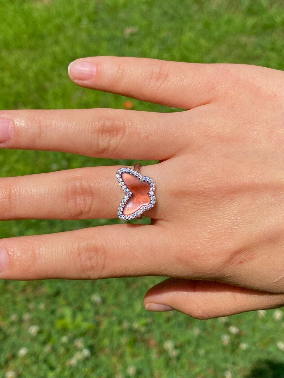 HarlemBling Solid 925 Silver Butterfly Pink Pearl Ring Necklace and Earrings Ladies Girls Set