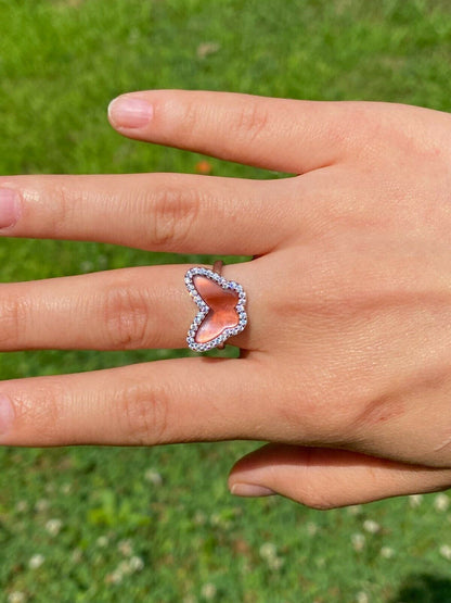 HarlemBling Solid 925 Silver Butterfly Pink Pearl Ring Necklace and Earrings Ladies Girls Set